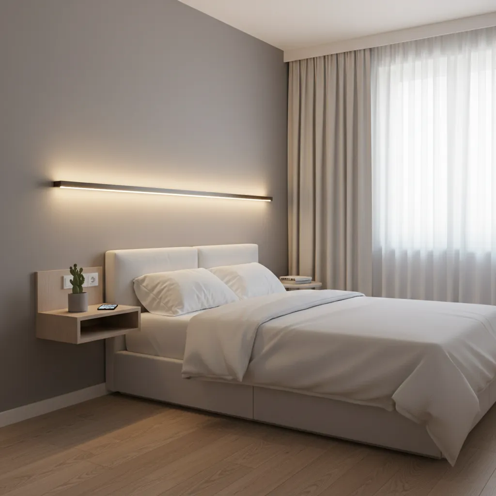 modern wall shelf with integrated lamp in a small apartment bedroom