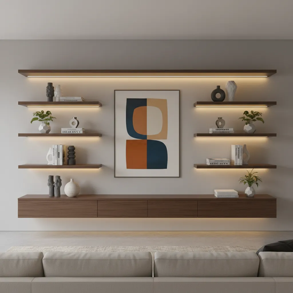 modern wall shelf lighting highlighting decor objects