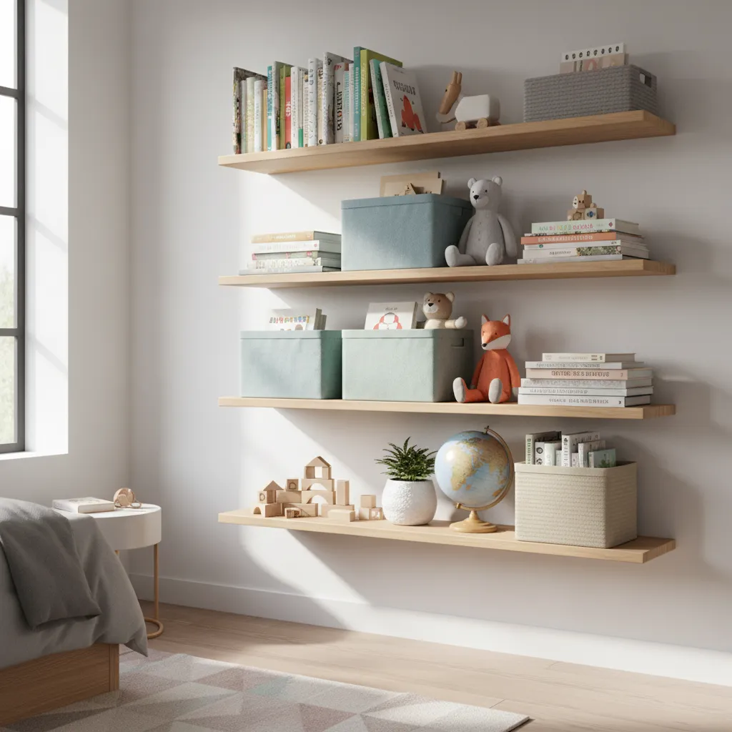 Wall mounted shelves storing books and toys in kids bedroom