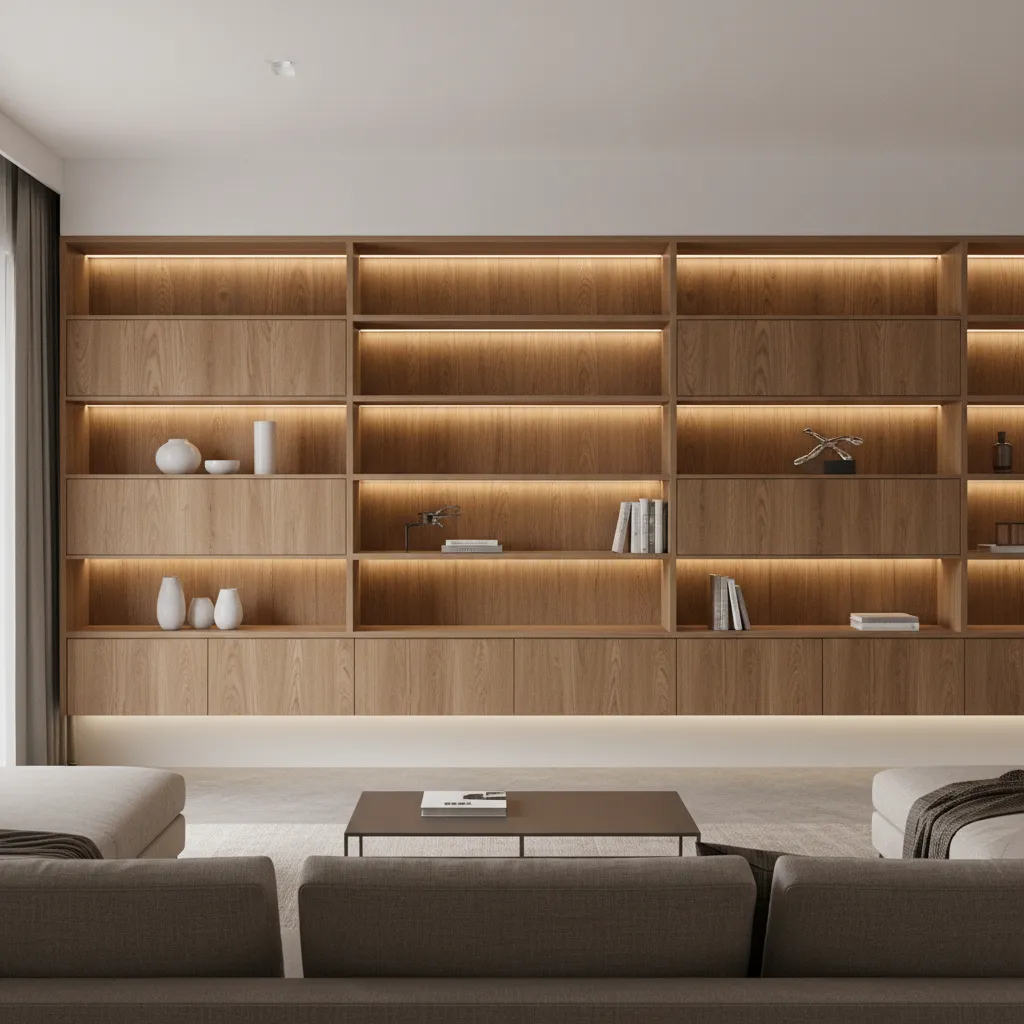 living room wall showcase layout showing balanced shelf proportions