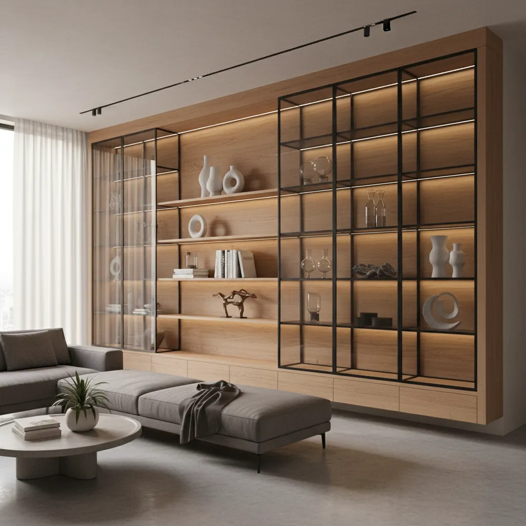 Wall Showcase Materials Compared Wood Glass and Metal Designs