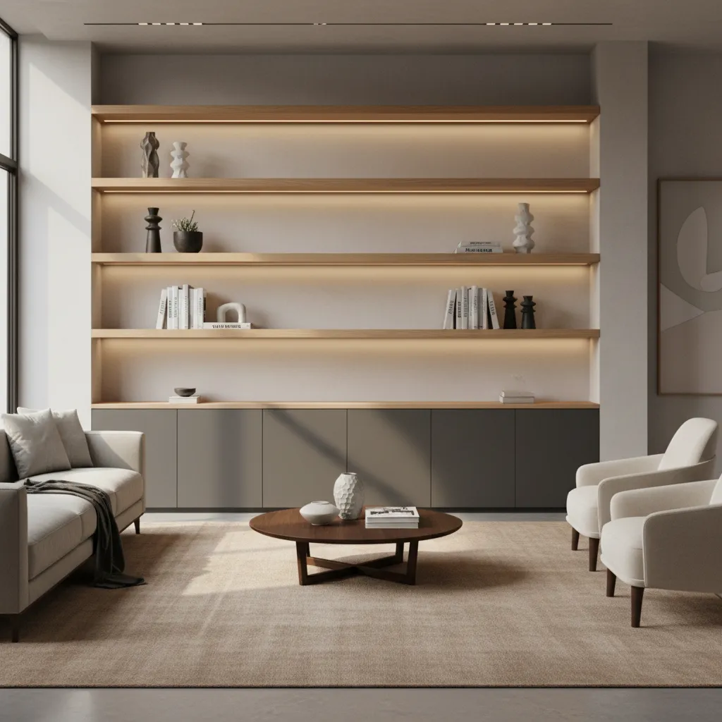 wall showcase combining open display shelves and closed cabinets