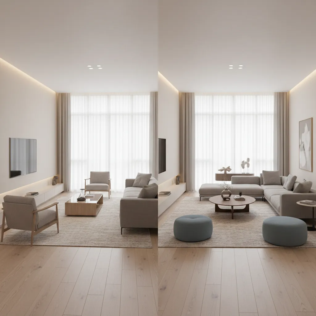 comparison of wall sofa layout and central sofa layout in a rectangular living room