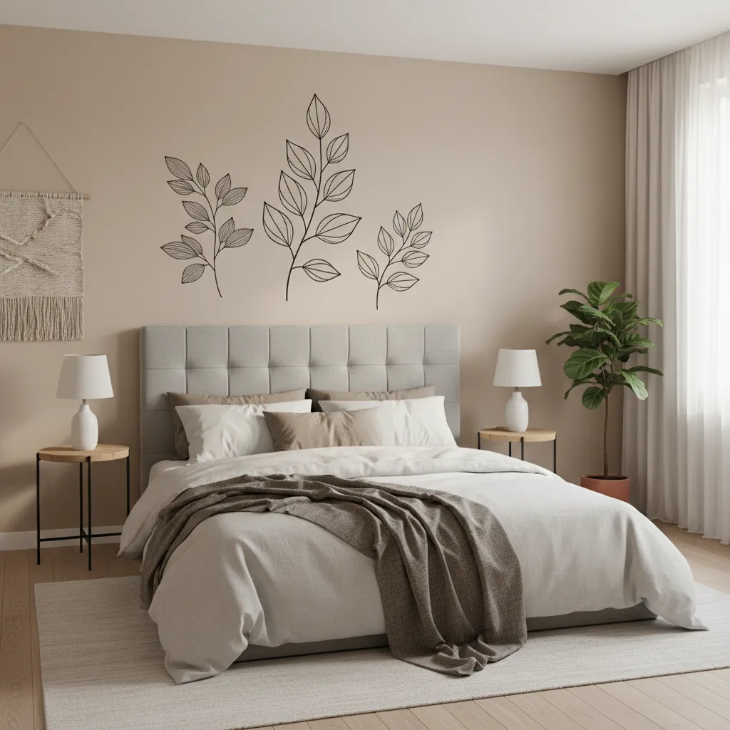 bedroom interior with botanical wall decal centered above headboard
