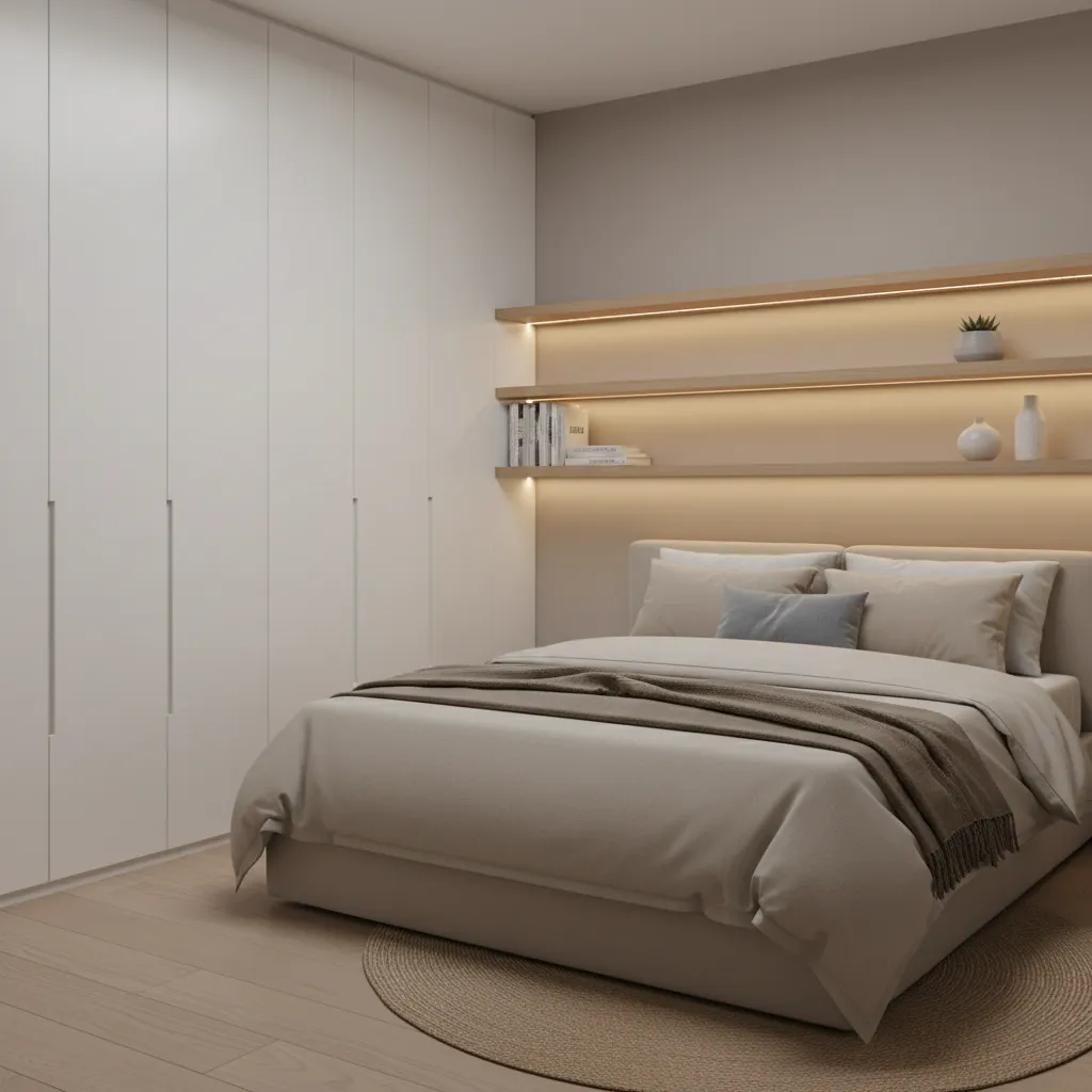 Wall shelves and cabinets installed above and beside a full bed