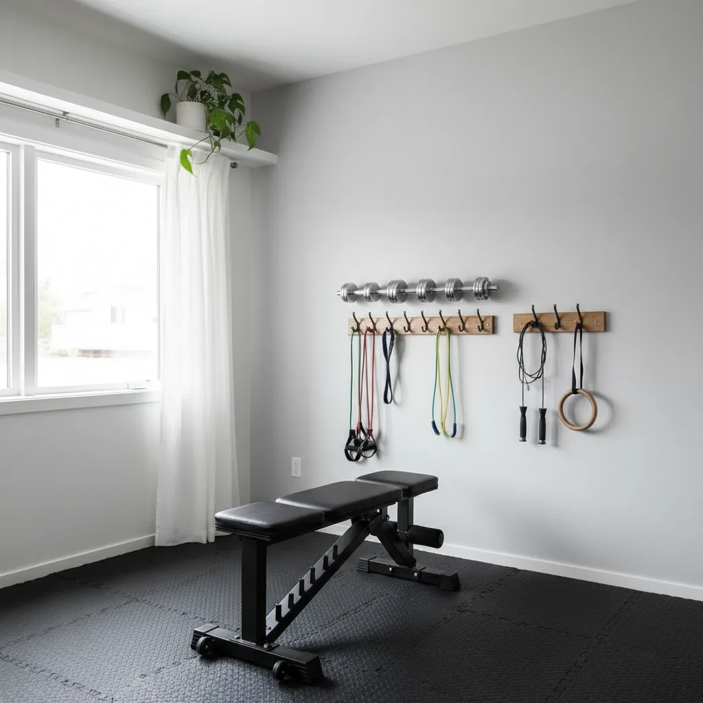 Wall mounted storage rack holding dumbbells and resistance bands in a compact gym