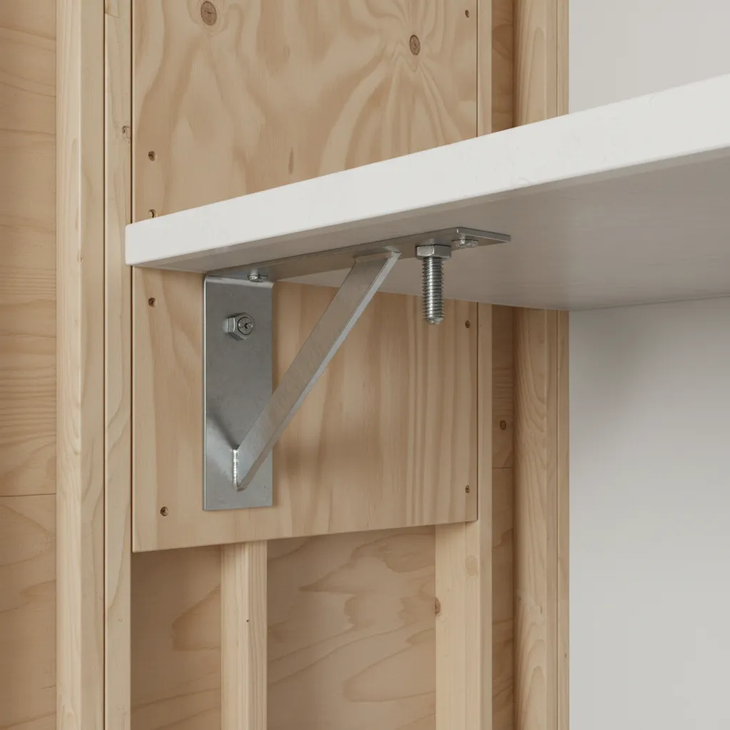metal bracket anchored into wall stud supporting laundry countertop