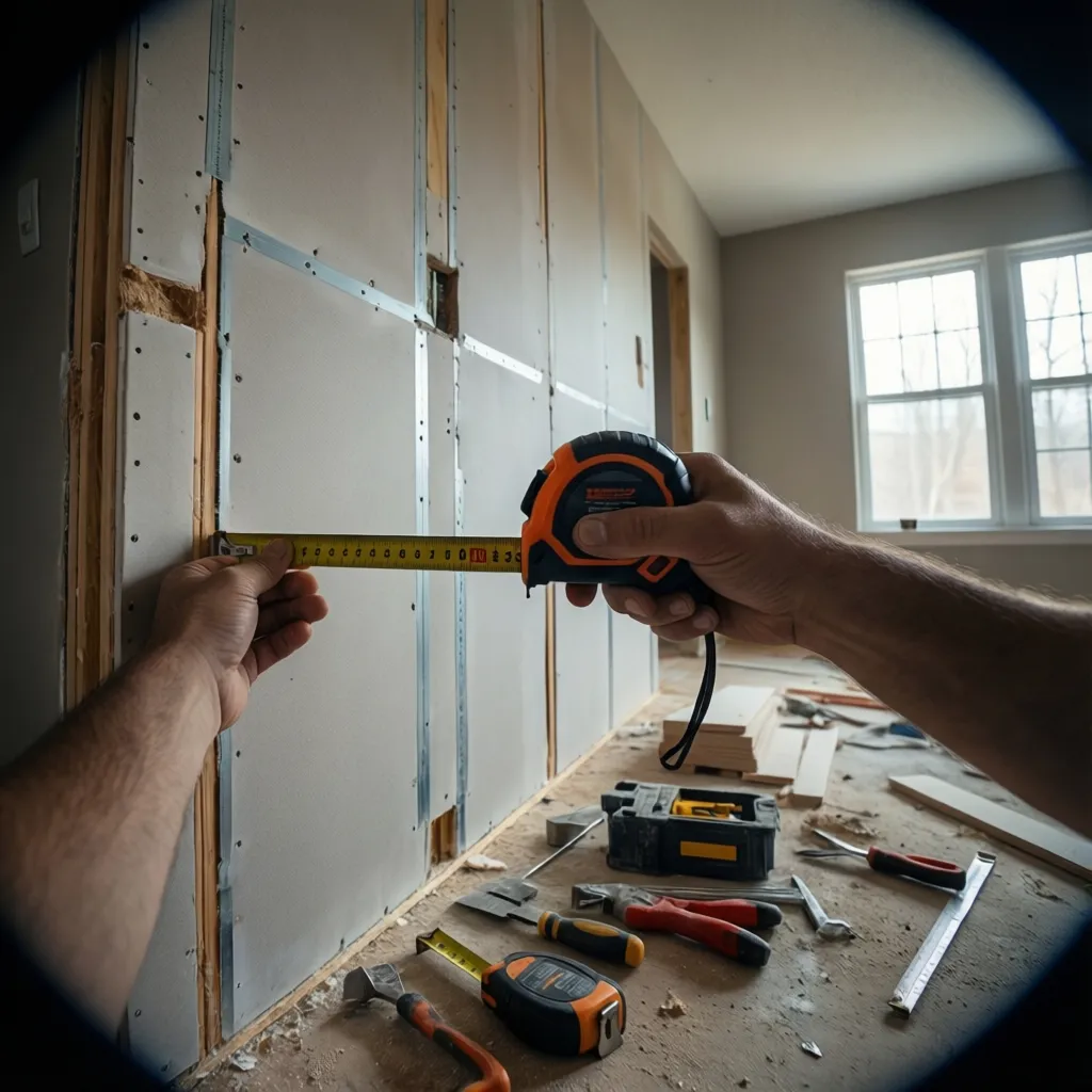 Measuring stud spacing behind drywall using tape measure and stud finder