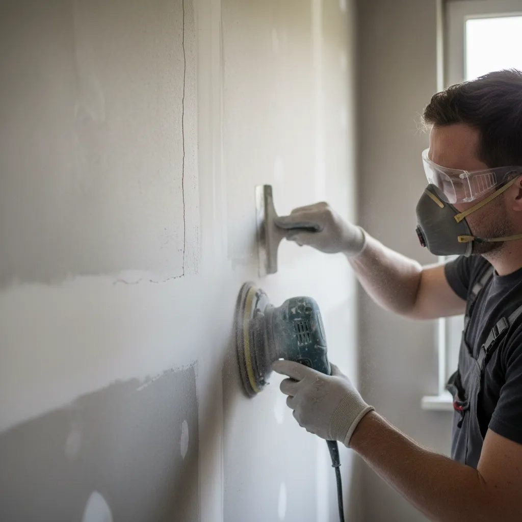 close view of worker sanding drywall and filling cracks before painting