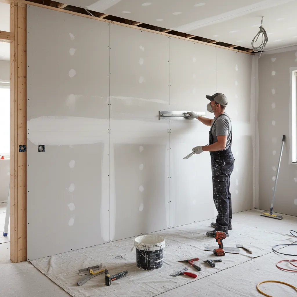 Contractor leveling drywall surface before installing wall panels