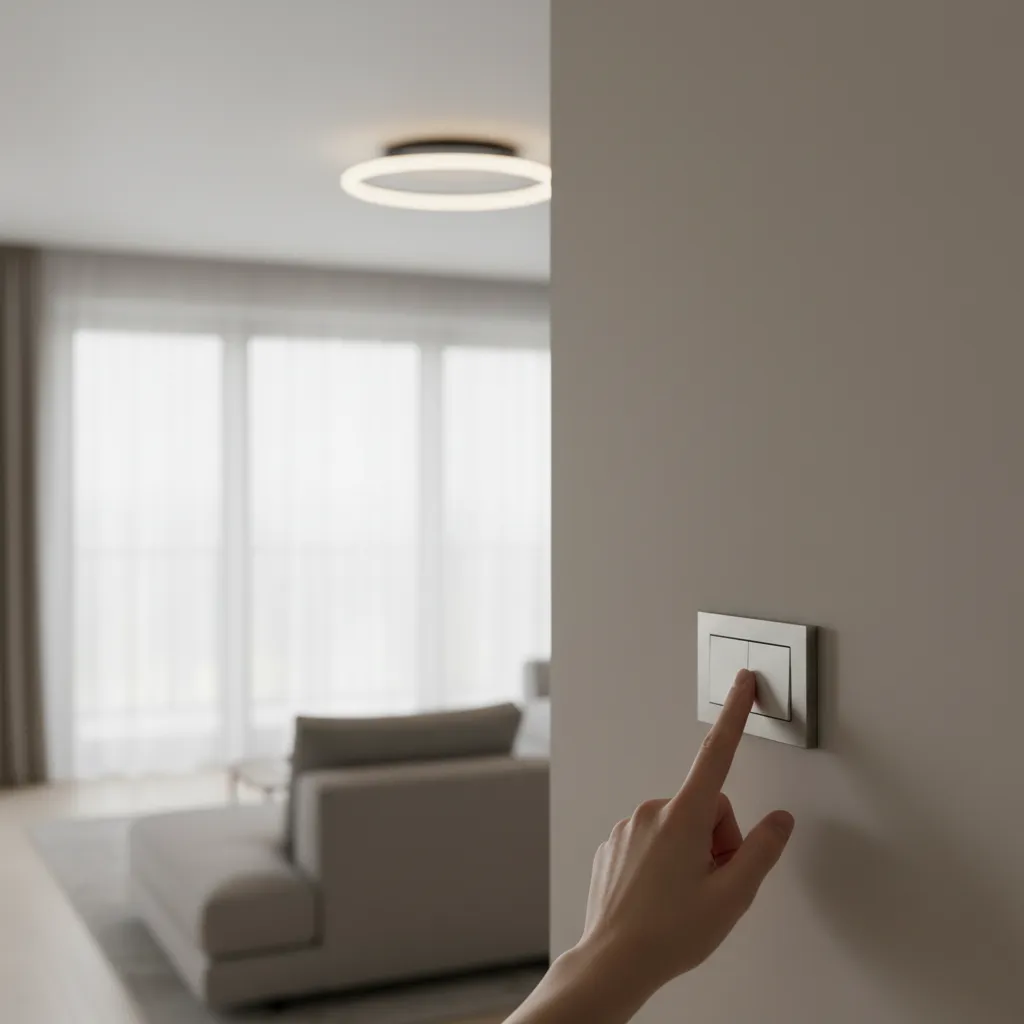 hand turning off a wall switch controlling a ceiling light in a modern home