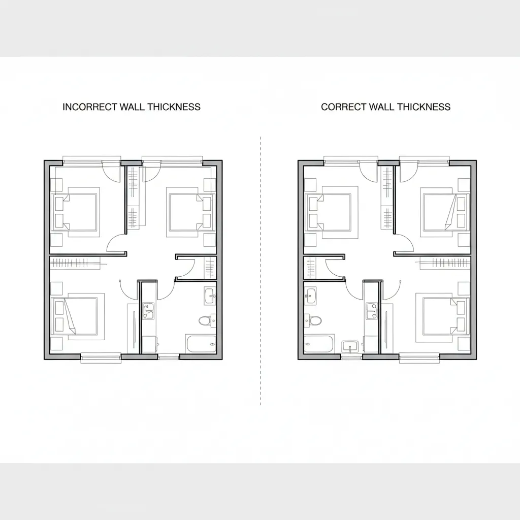 Comparison of two room layouts showing incorrect versus correct wall thickness in a design editor