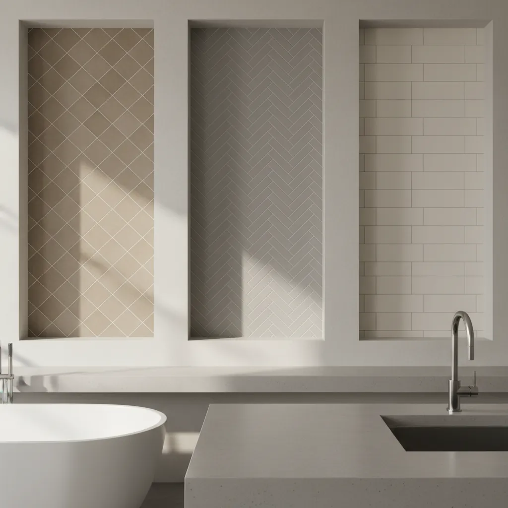 Diagonal vs Herringbone vs Stacked Wall Tile Layout Comparison