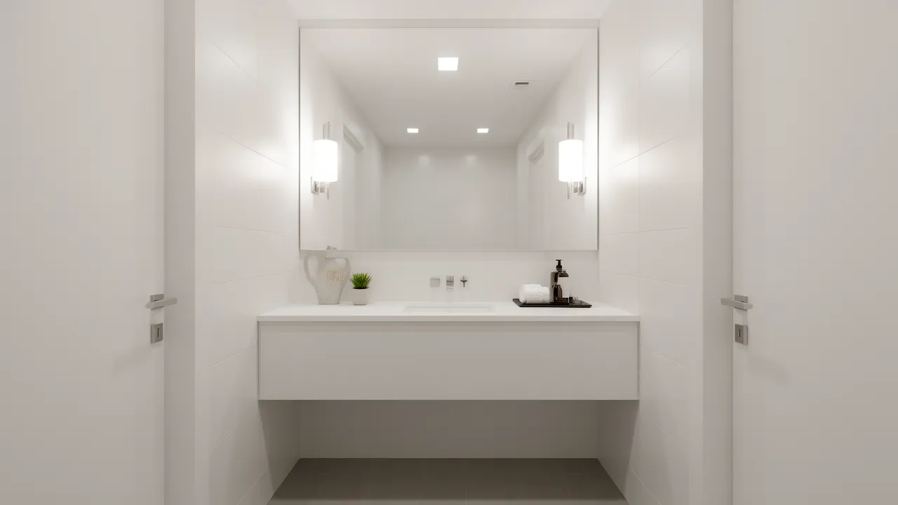 Wall to wall mirror design in a narrow modern bathroom