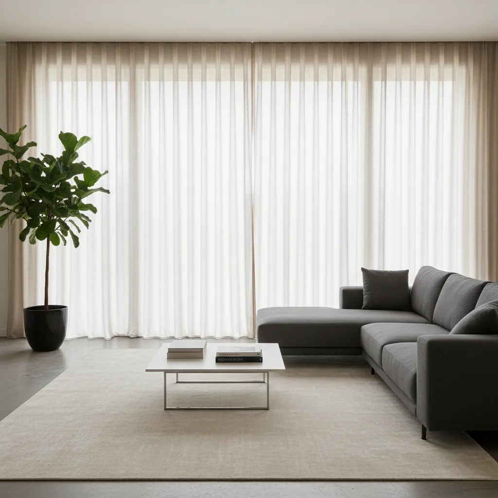 Wall to wall modern curtains making a living room window appear larger