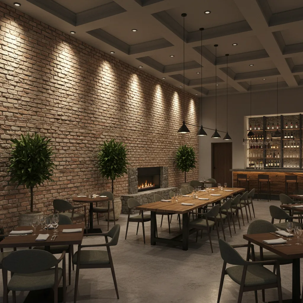 Wall wash lighting evenly illuminating brick interior wall