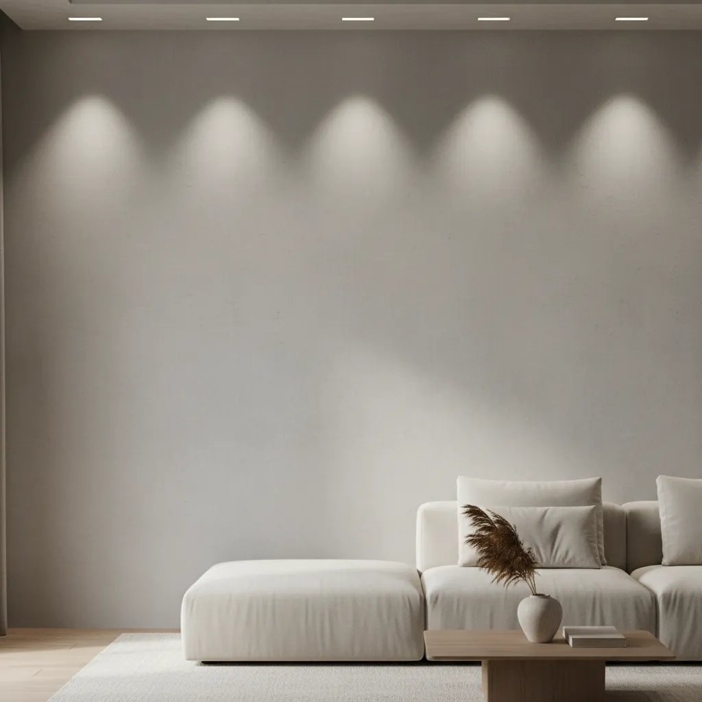 Recessed wall washer lights illuminating a tall interior wall
