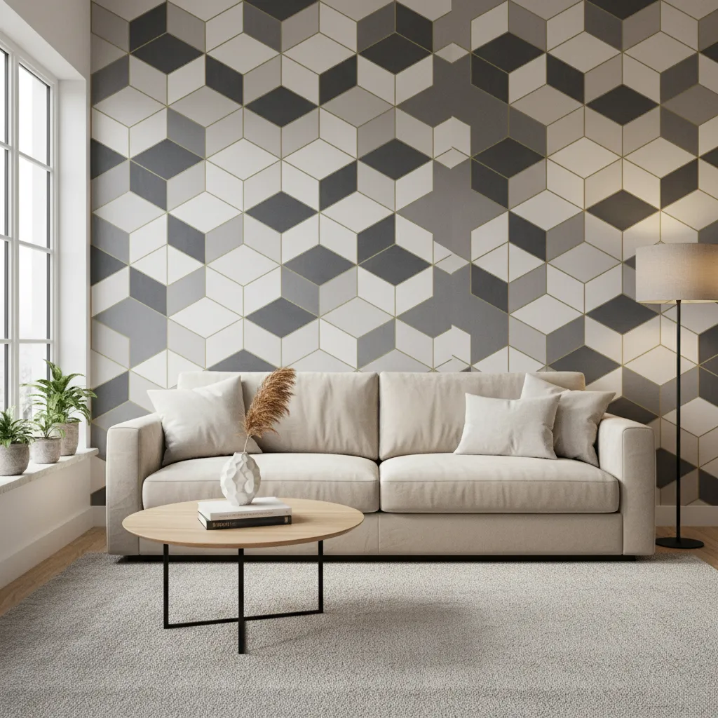 Salón moderno con una pared focal cubierta de wallpaper decorativo