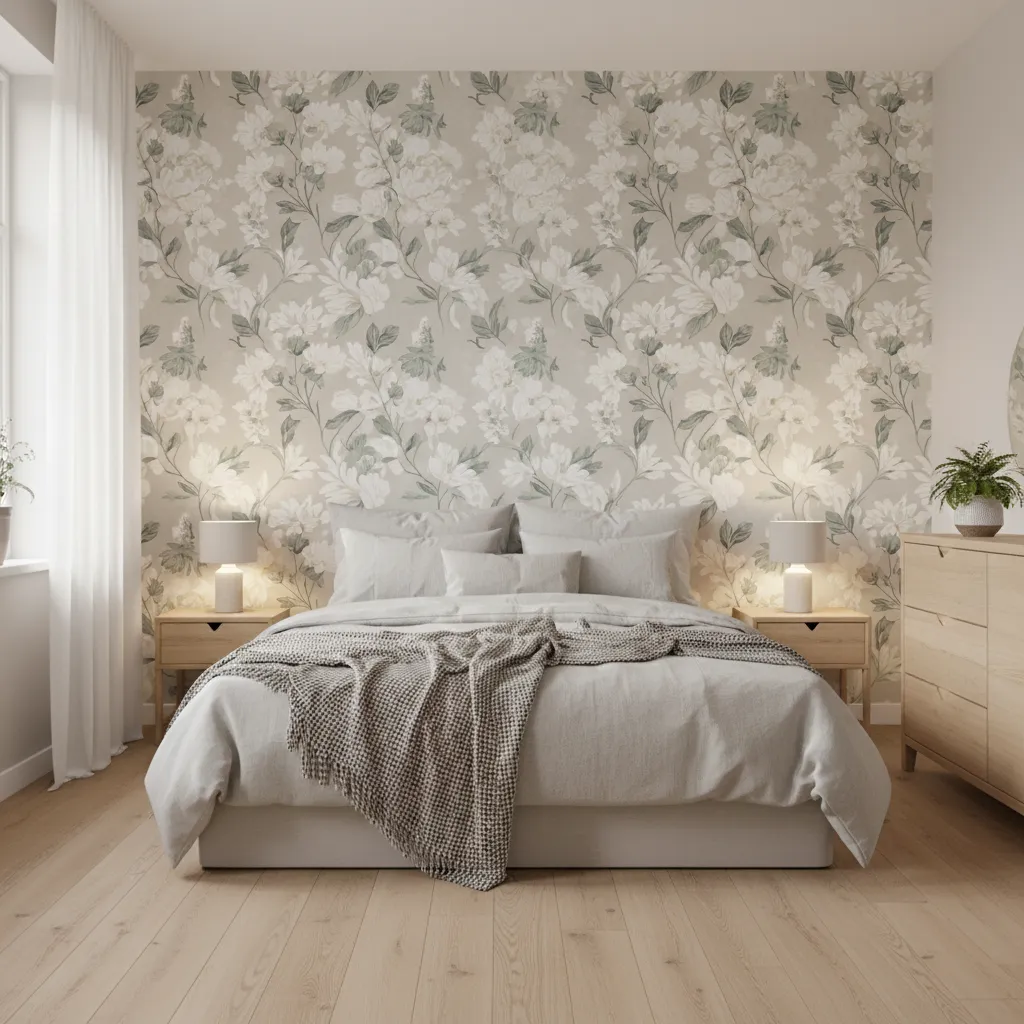 Bedroom with wallpaper feature wall behind bed