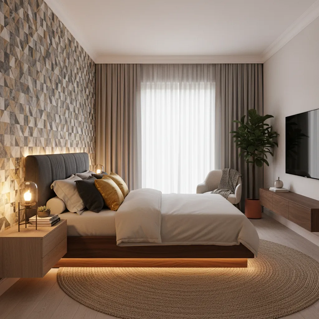 Bedroom with decorative wallpaper behind the bed acting as a focal wall