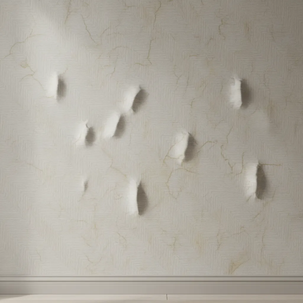 close up of wallpaper bubbles and peeling caused by wall moisture