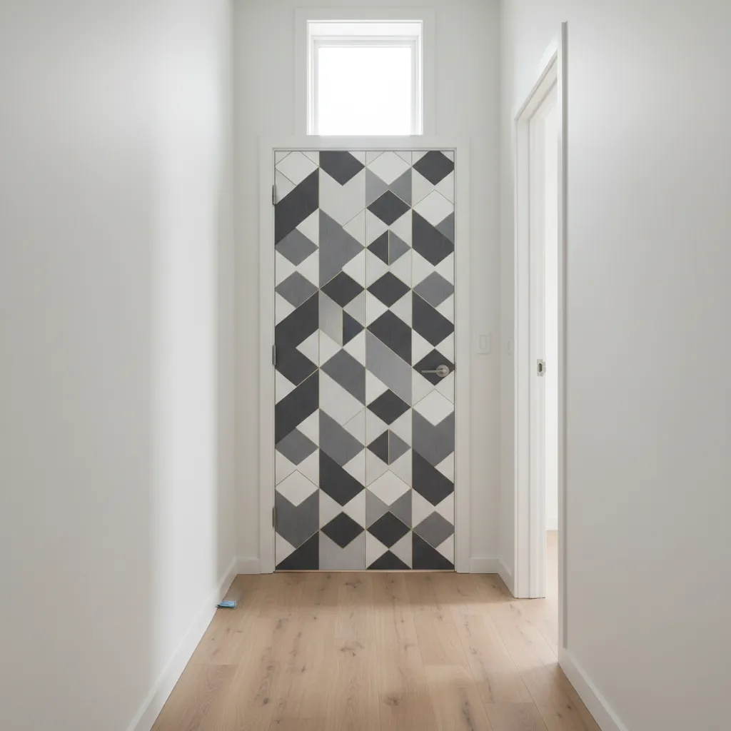 Interior door decorated with peel and stick patterned wallpaper