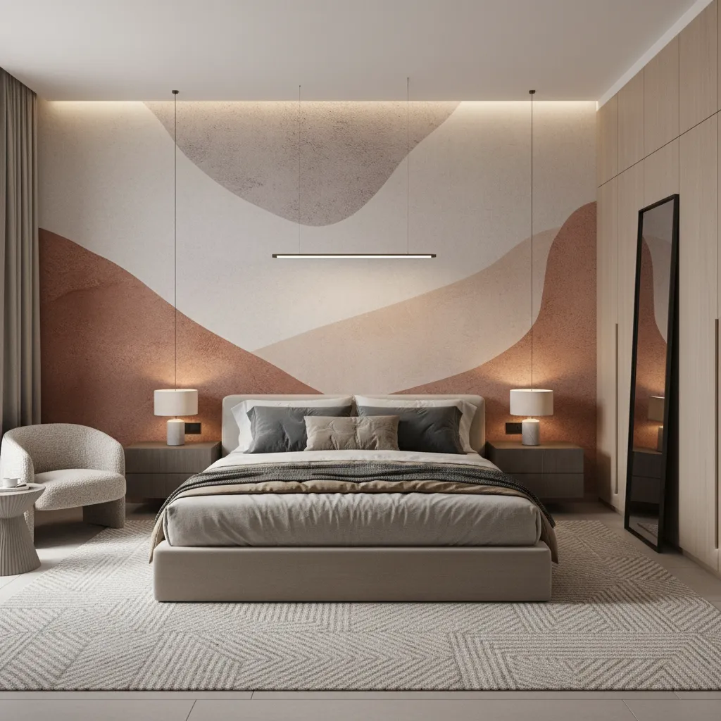 Bedroom with dramatic mural wallpaper behind the bed creating a strong focal point