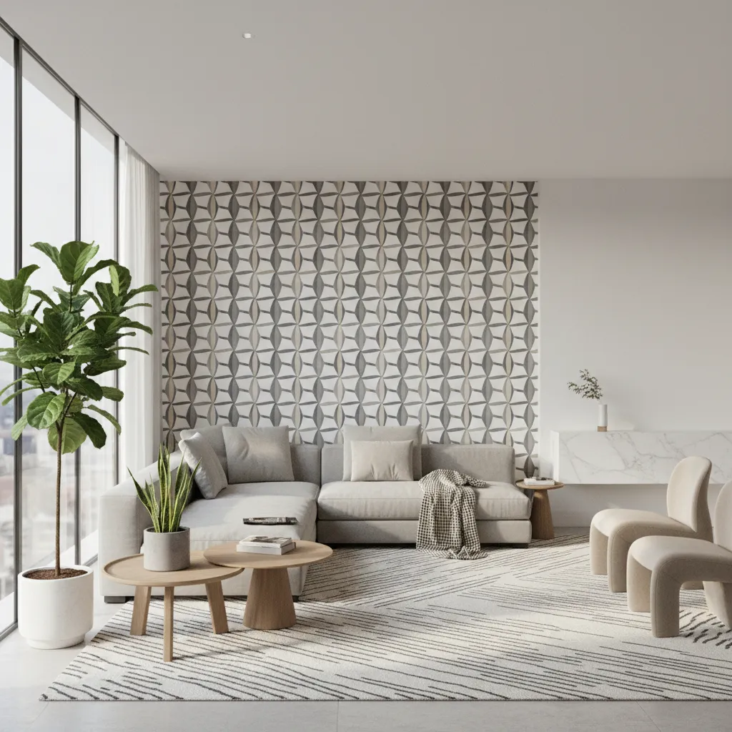 Living room with patterned wallpaper accent wall behind sofa