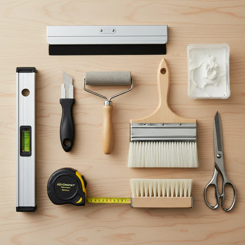 Wallpaper installation tools arranged on table including smoothing tool, roller and knife