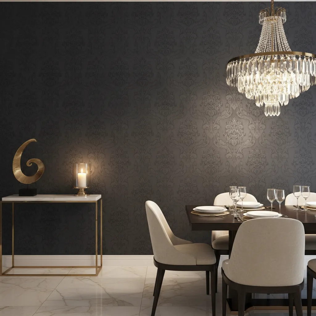 Dining room with dark patterned wallpaper, crystal ceiling light, marble floor, table, and white chairs