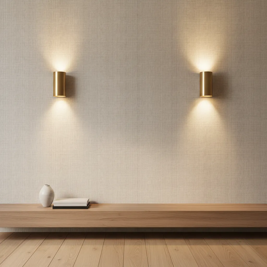 Textured wallpaper wall illuminated by warm interior lighting