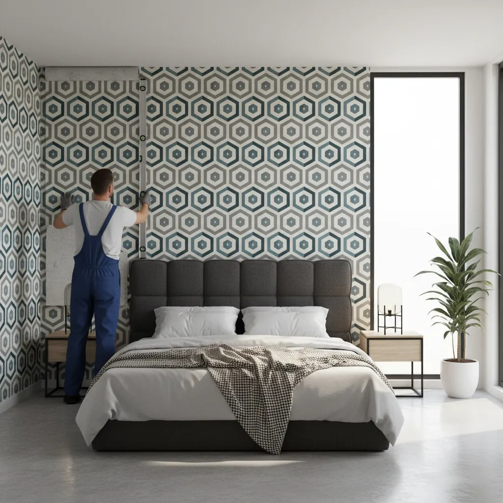 Installer aligning patterned wallpaper strips on a bedroom wall using a level