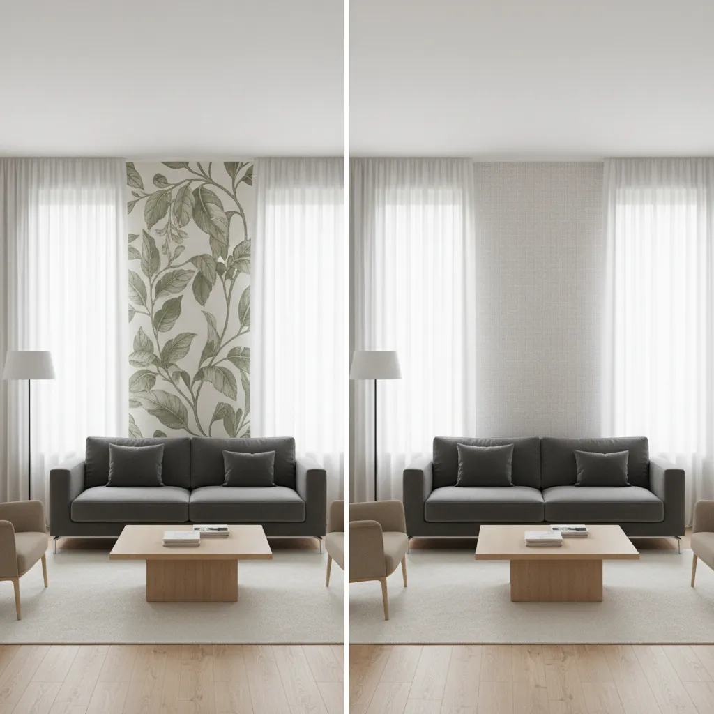 Comparison of large and small wallpaper pattern scales in a living room