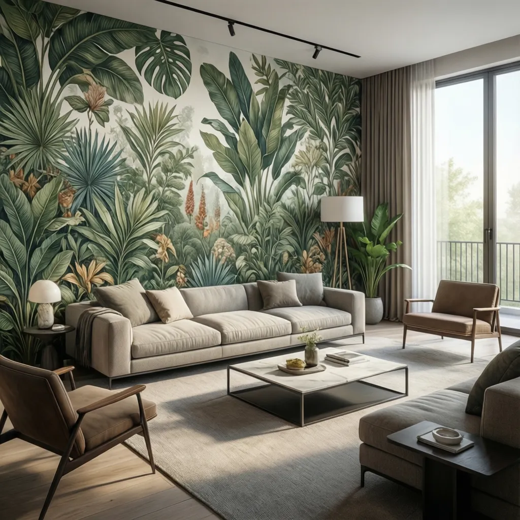 Living room showing large scale wallpaper pattern on feature wall