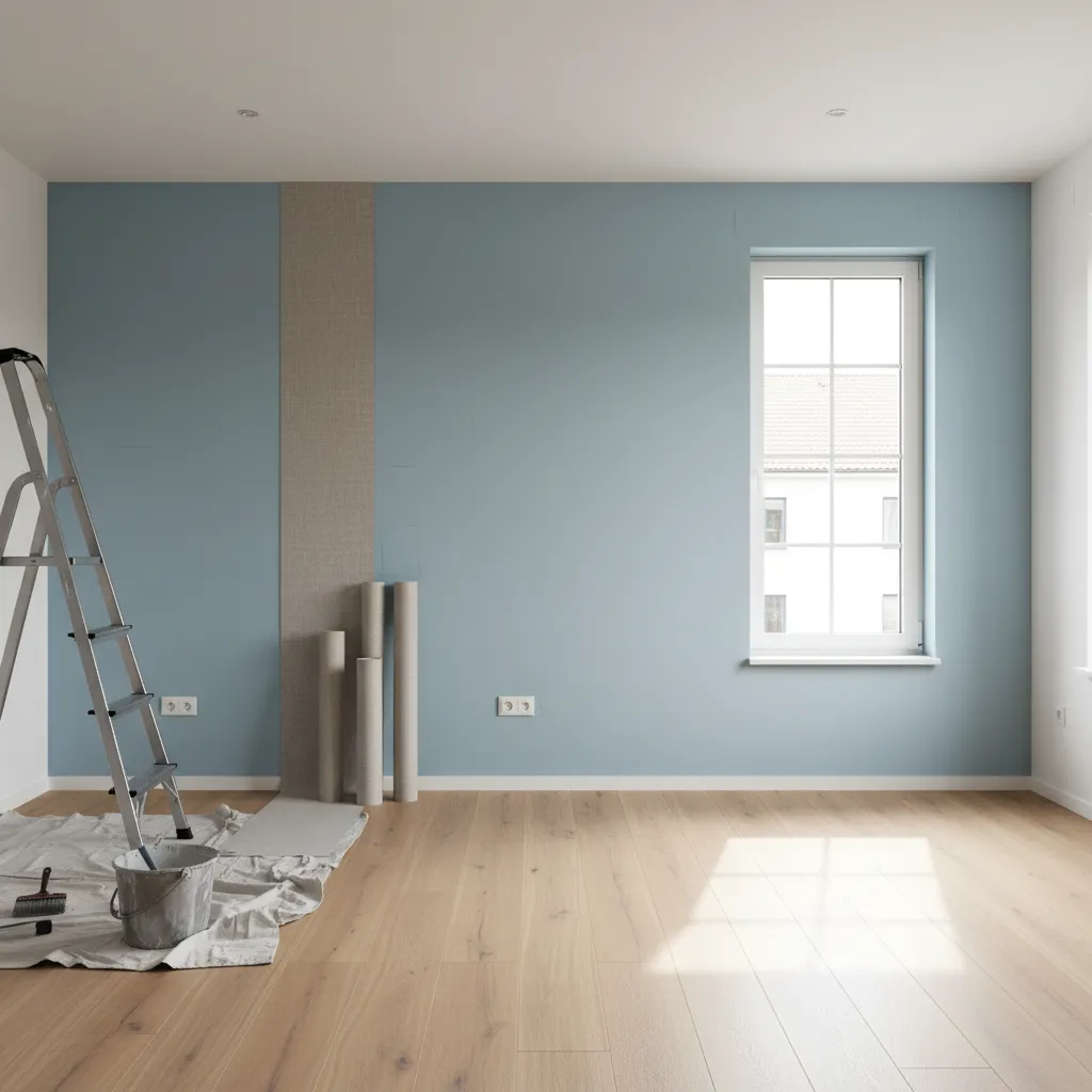 standard and double wallpaper rolls placed beside a wall ready for installation