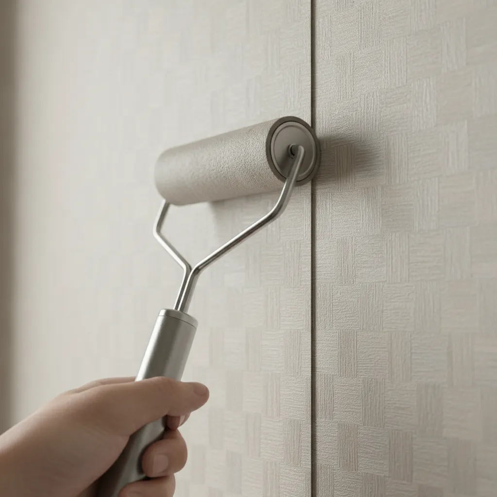 installer smoothing wallpaper seams with seam roller