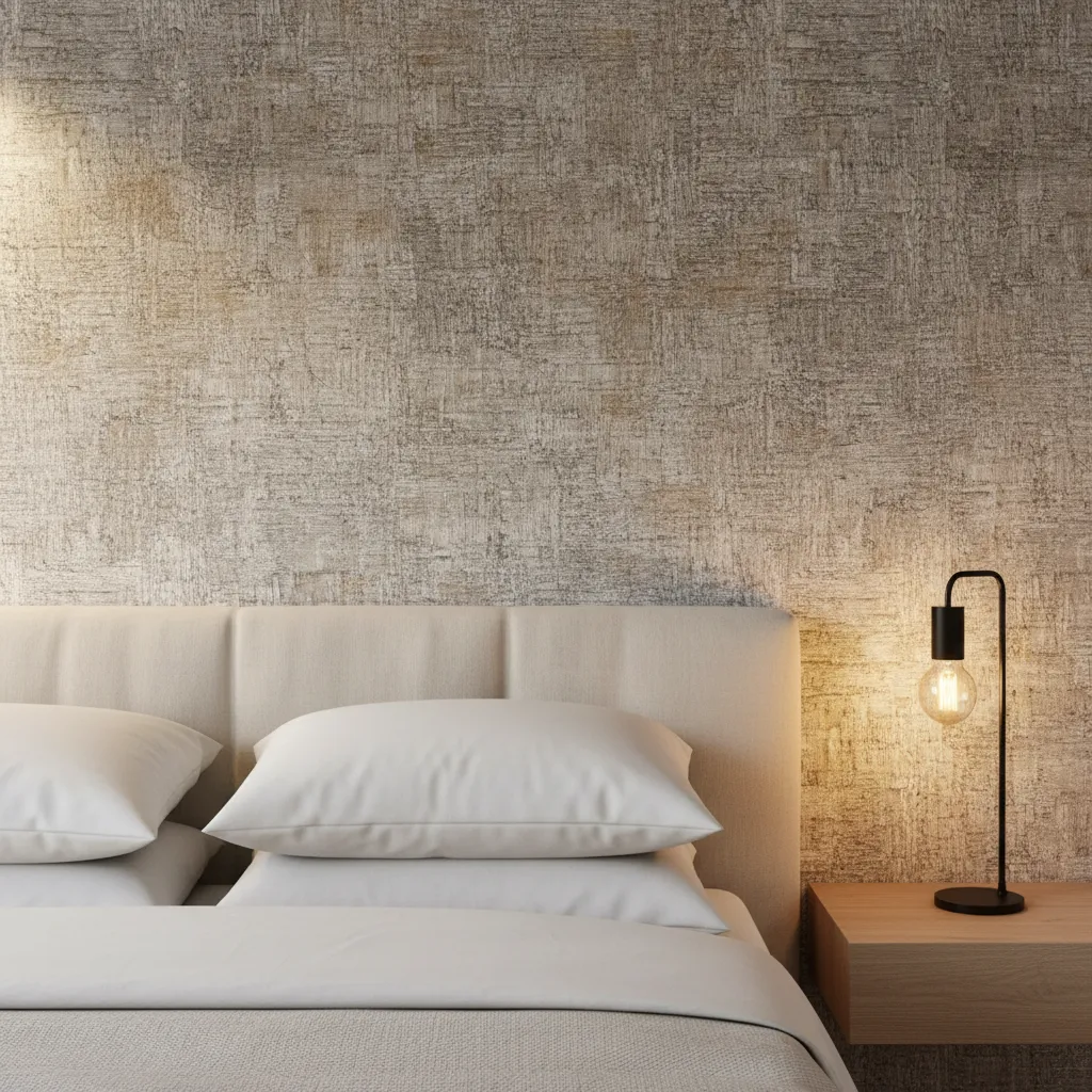 Close view of textured bedroom wallpaper showing depth and lighting interaction