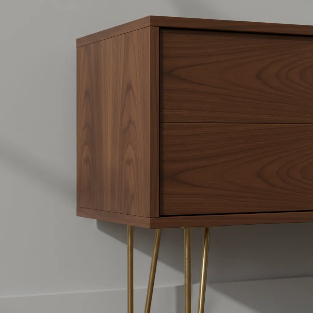 Close view of walnut furniture with brass legs and accents