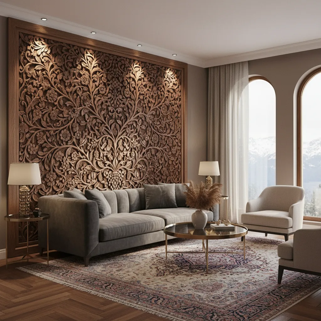 Traditional walnut carved wall panel used in Kashmiri interior design