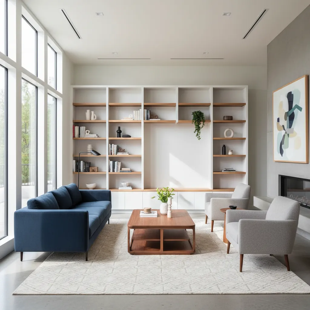 walnut coffee table with blue sofa in modern living room
