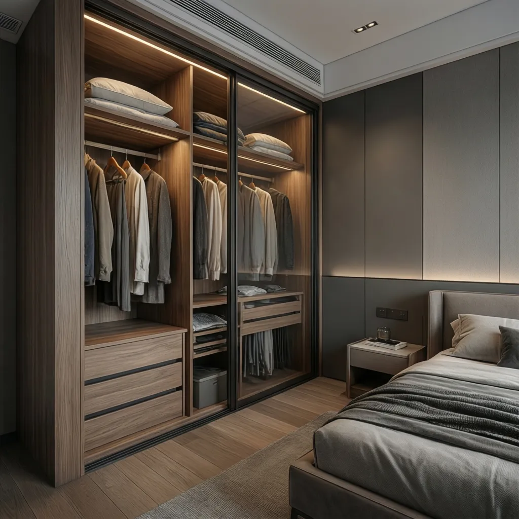 Modelo 3D de un armario integrado en un dormitorio moderno