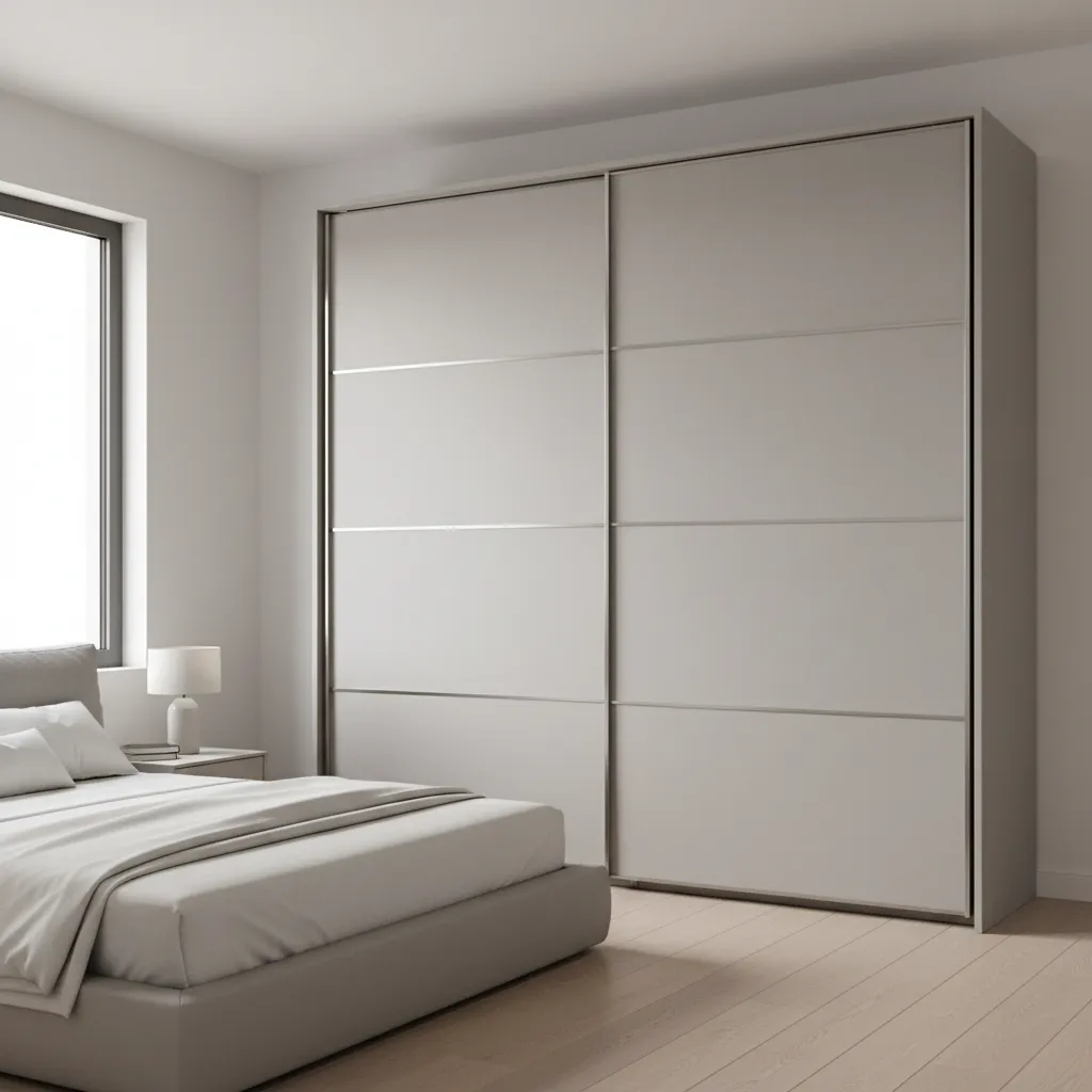 Wardrobe with aluminum framed Aristo sliding doors in a modern bedroom