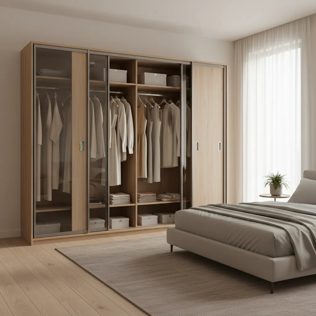 Modern wardrobe display unit with glass sections and hanging clothes in bedroom