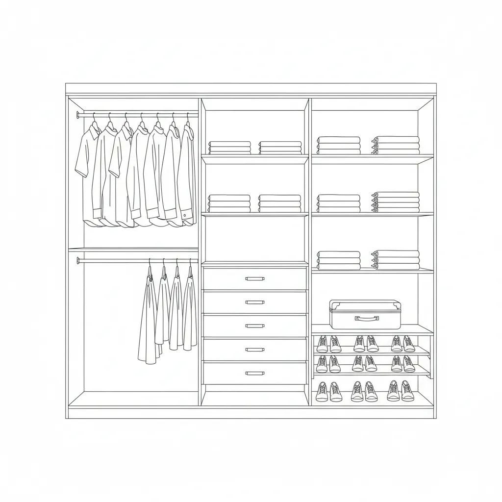 Dibujo técnico del interior de un armario con barras, cajones y estantes