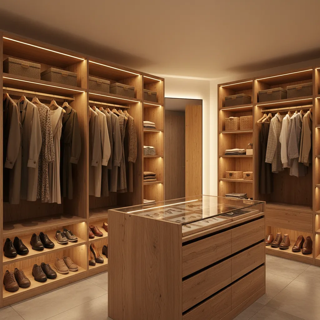 Interior de armario con iluminación LED cálida mostrando ropa organizada