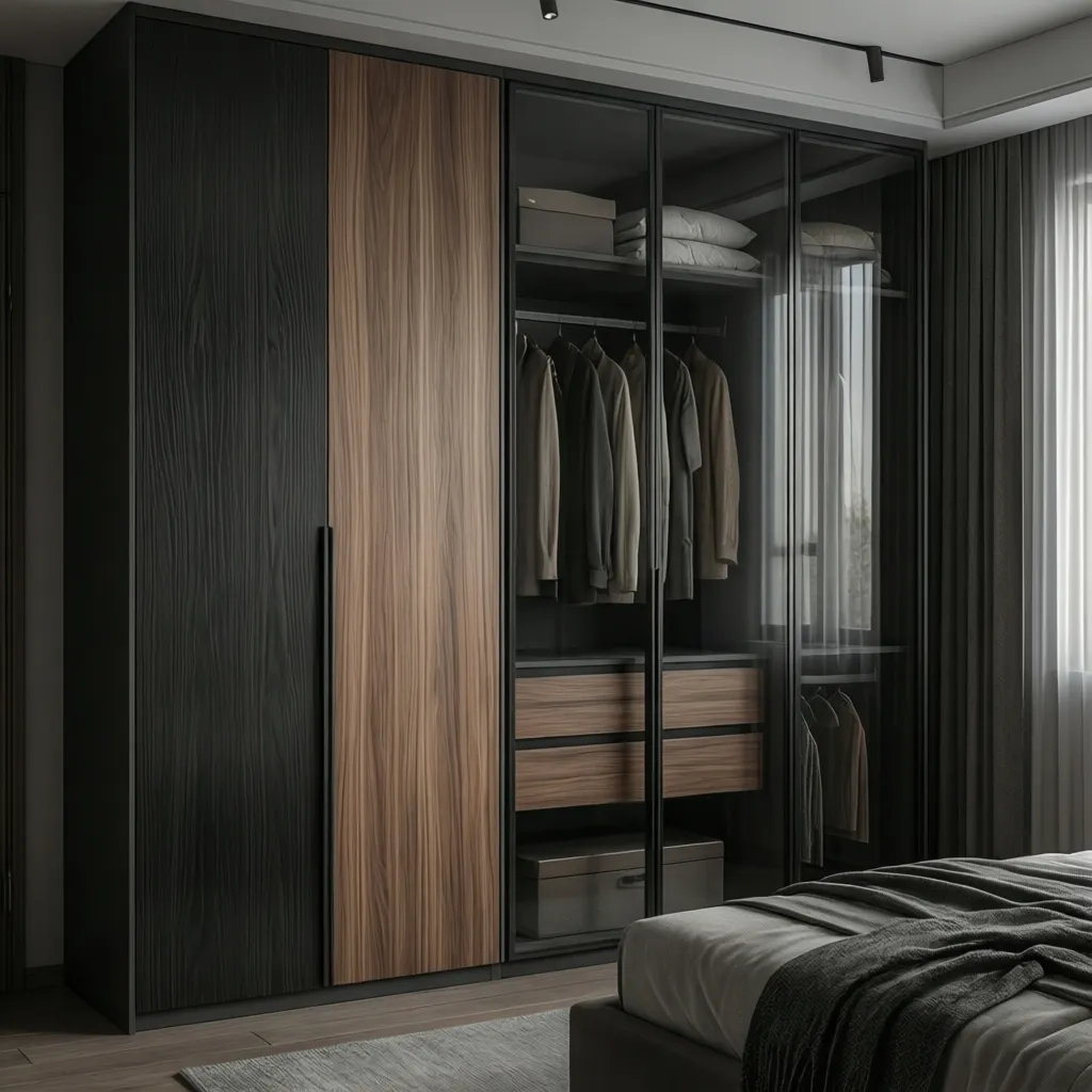 different wardrobe materials and finishes in bedroom interior