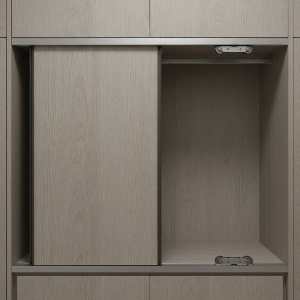 close view of sliding wardrobe door track and alignment mechanism