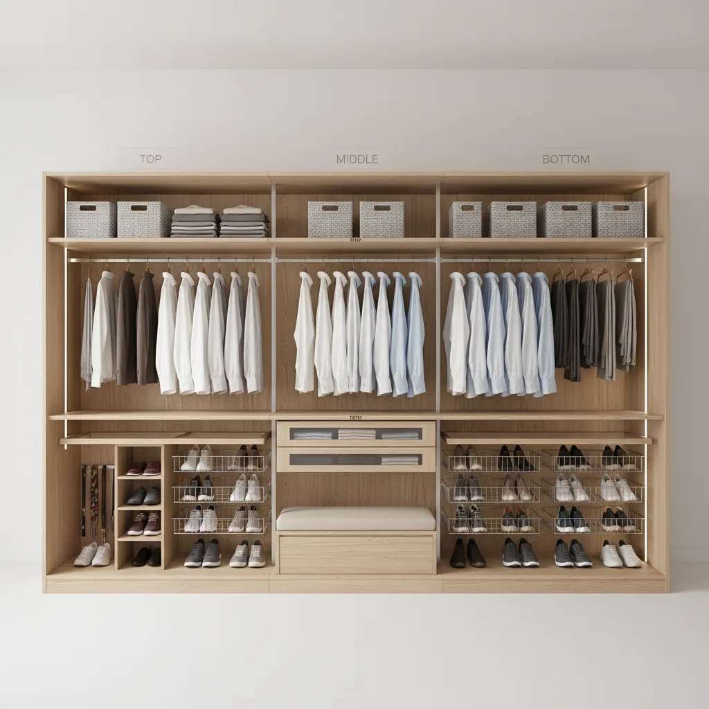 Diagram style wardrobe showing top middle and bottom vertical storage zones
