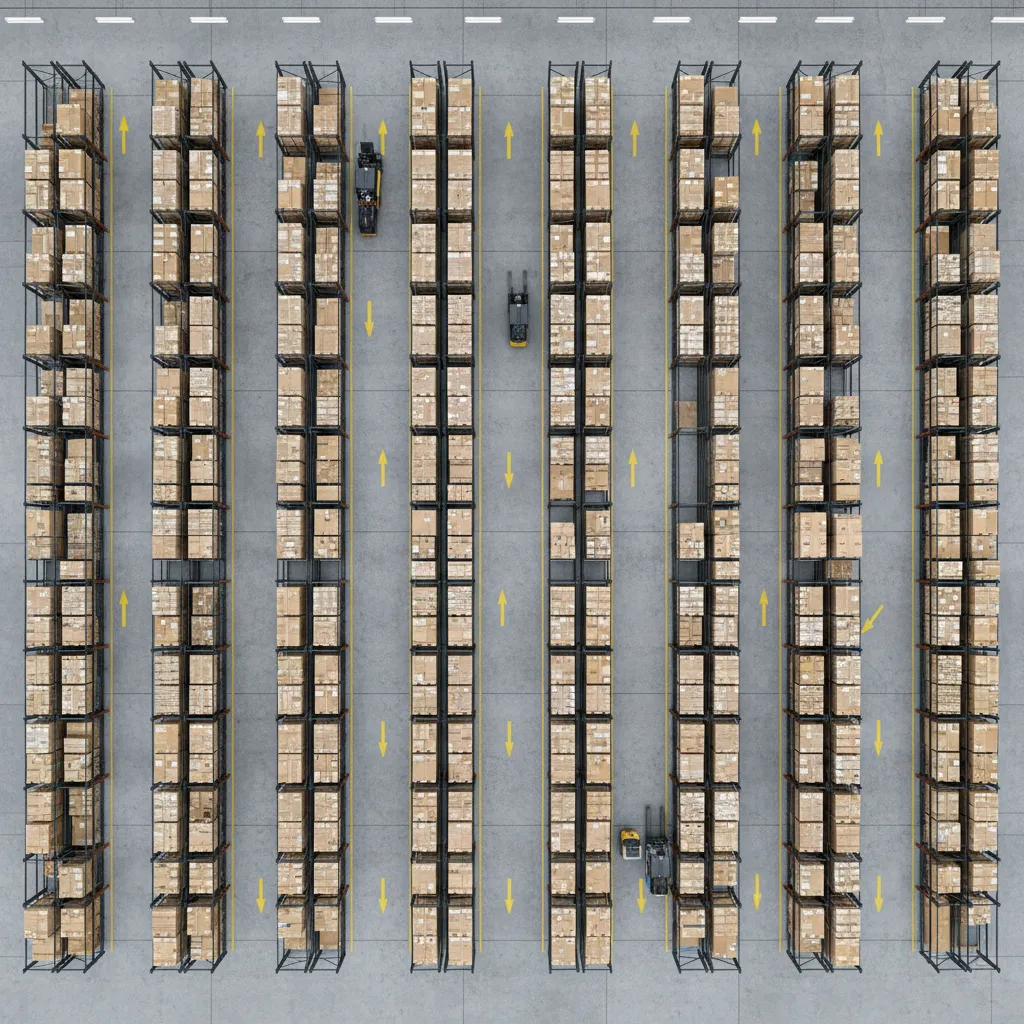 Top view warehouse floor plan showing racks and forklift aisles