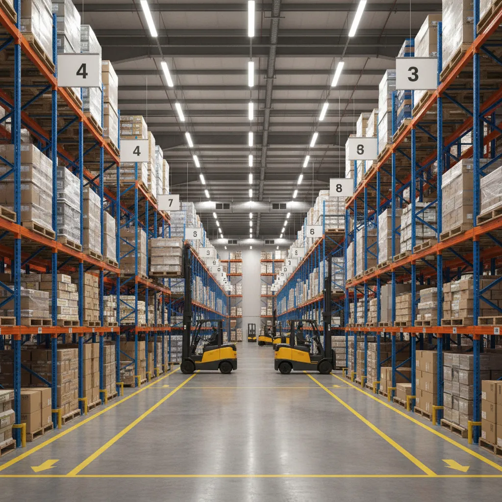 Warehouse aisle layout with forklifts and pallet racks organized efficiently